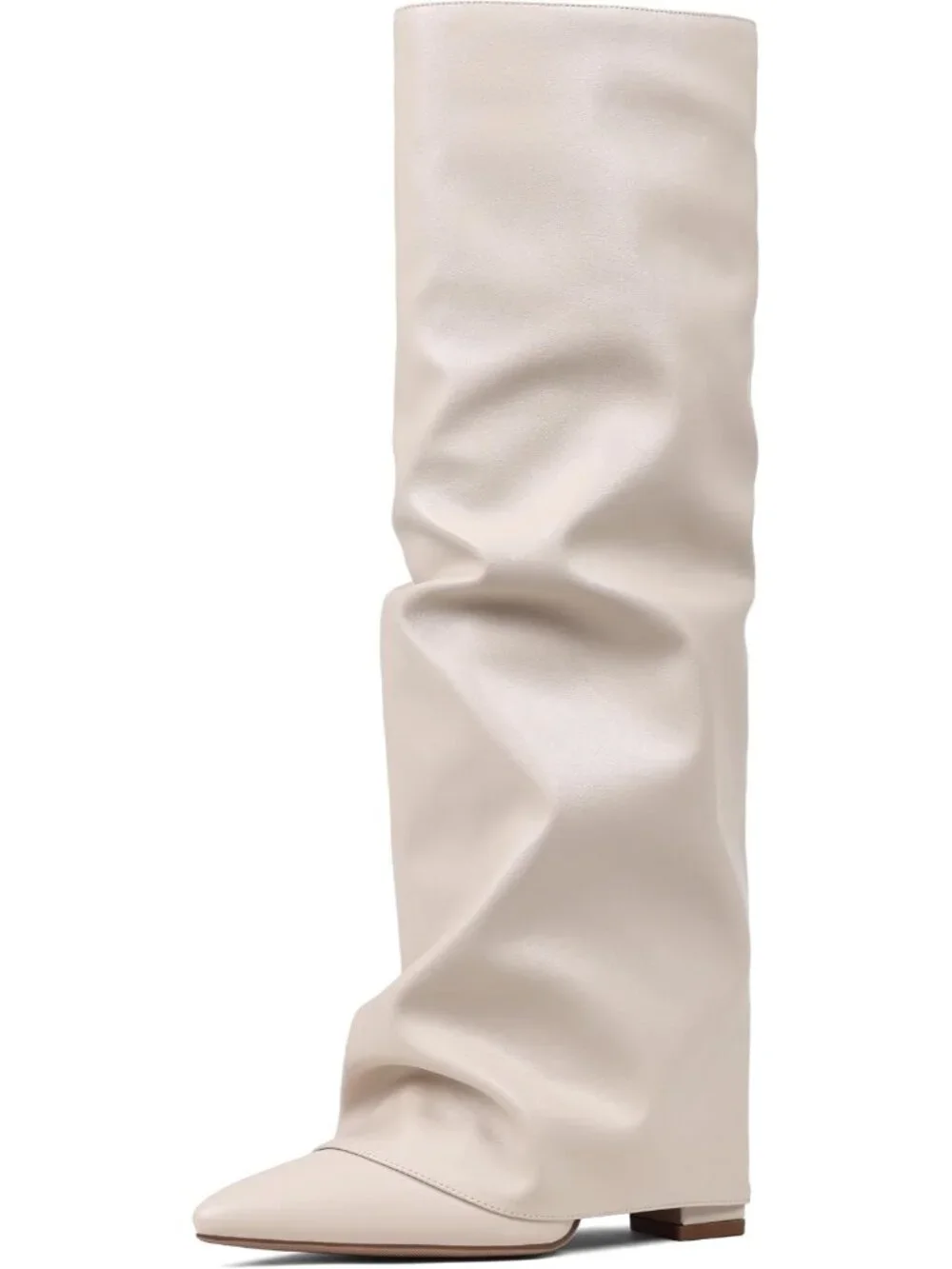 Women Apricot Pu Pointed Toe Fold Over Chunky Block Heel Slouchy Knee High Boots